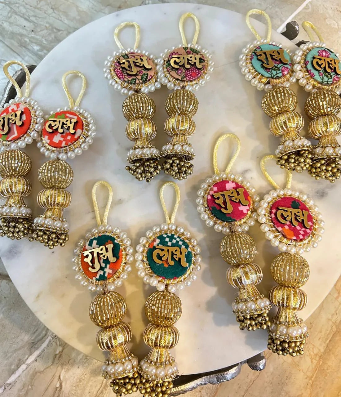 Patola shubh-labh pearl hanging pair