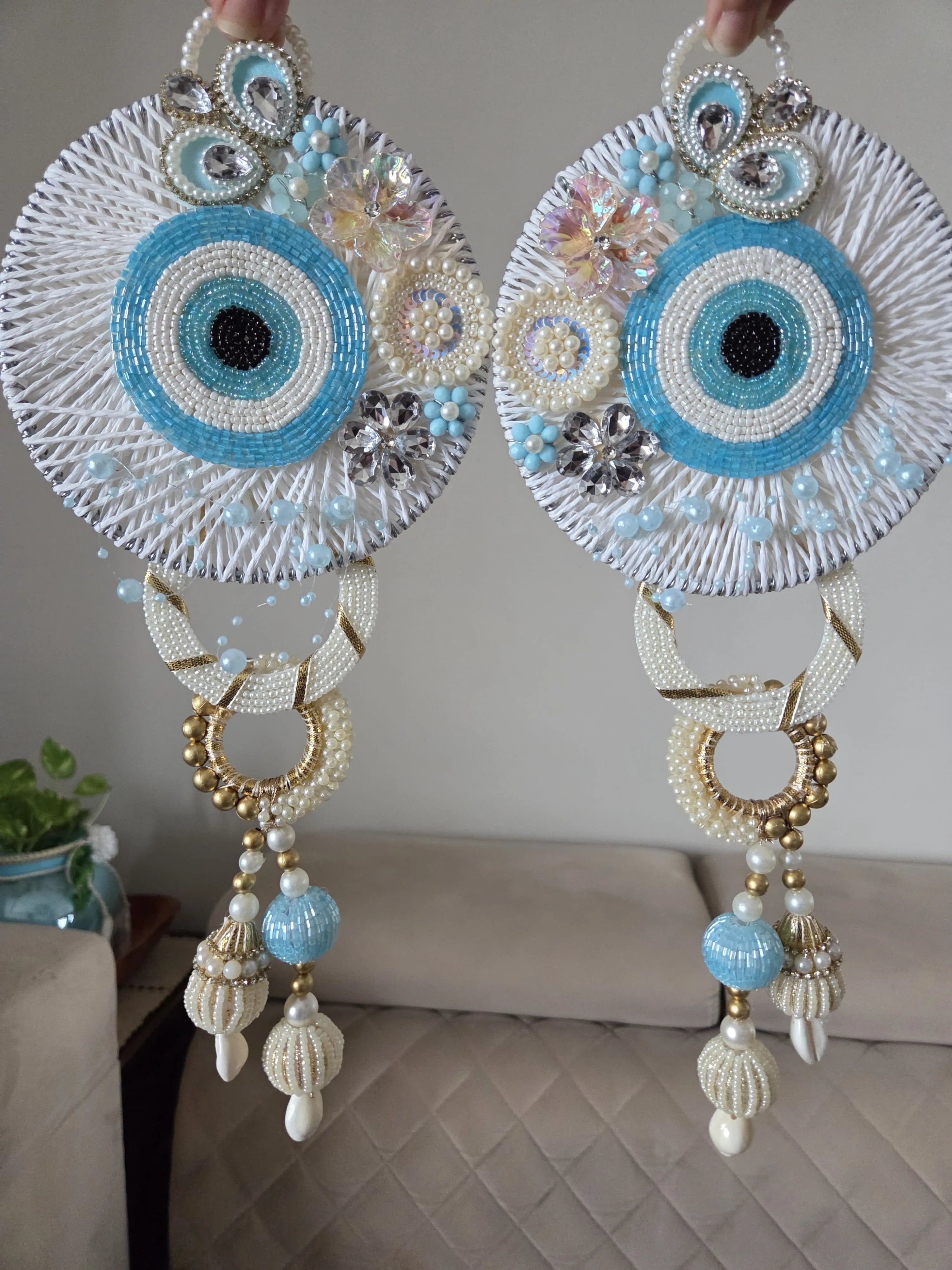 Elegant Beaded Jute Evil-Eye Hanging Pair
