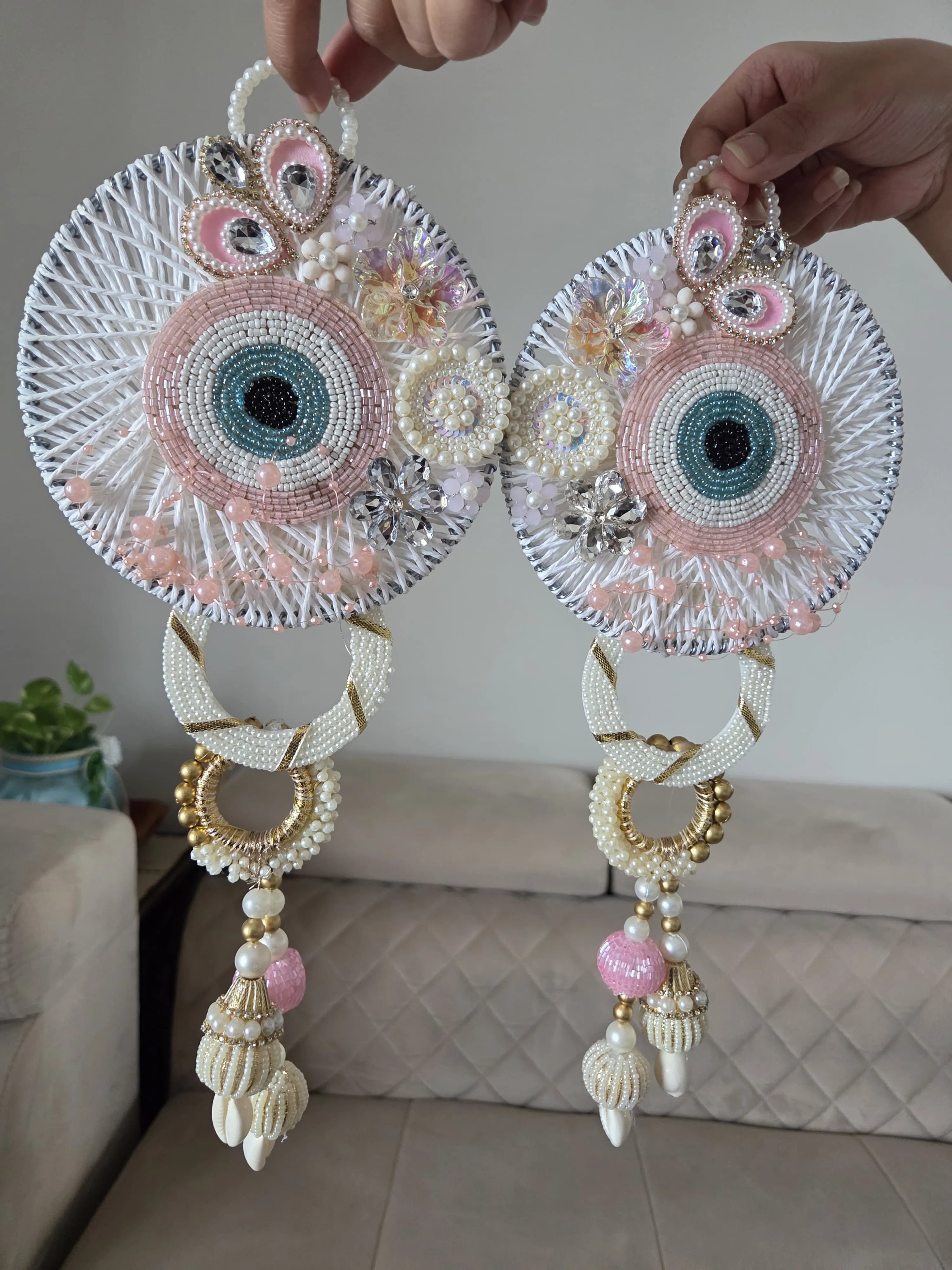 Elegant Beaded Jute Evil-Eye Hanging Pair