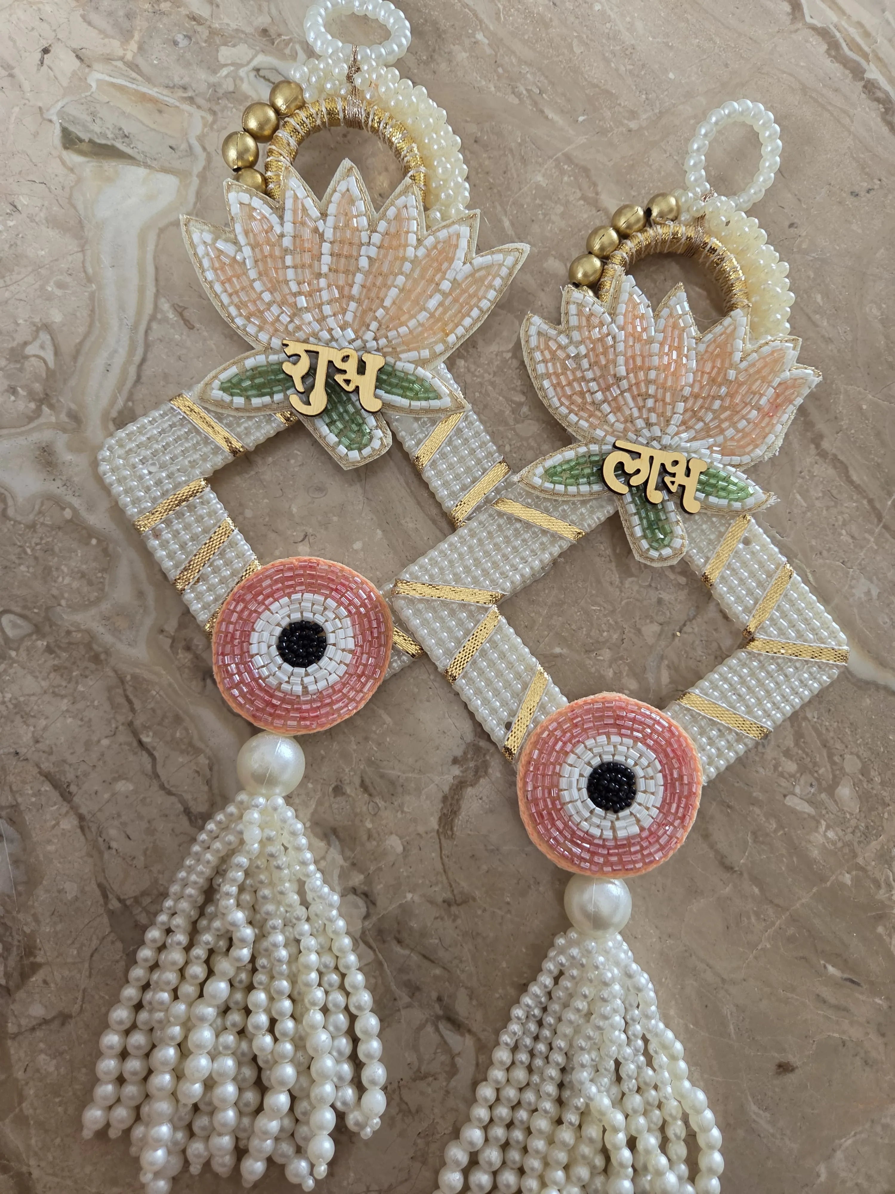 Intricate Lotus & Evil-Eye Shubh-Labh Hanging Pair