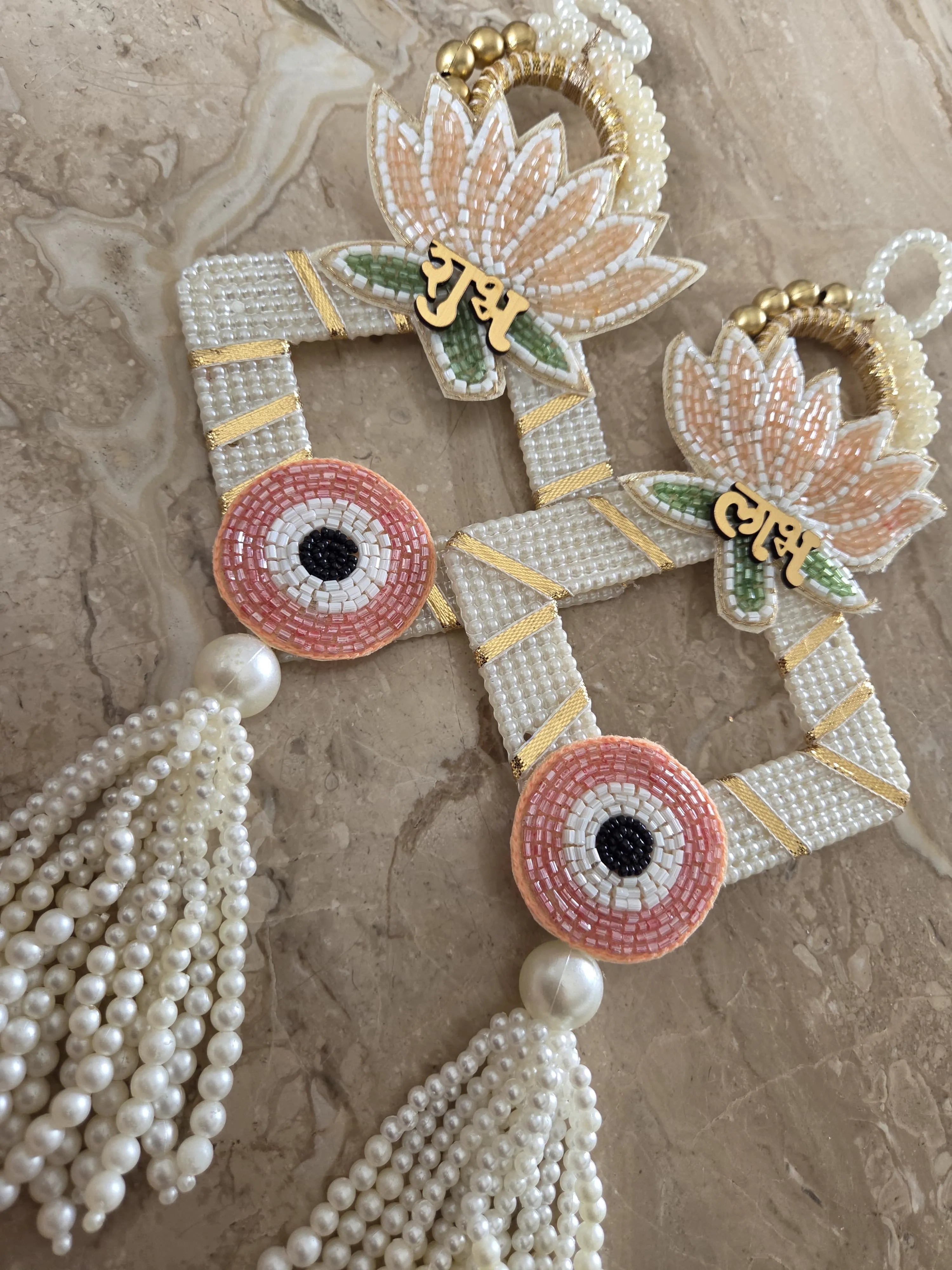 Intricate Lotus & Evil-Eye Shubh-Labh Hanging Pair