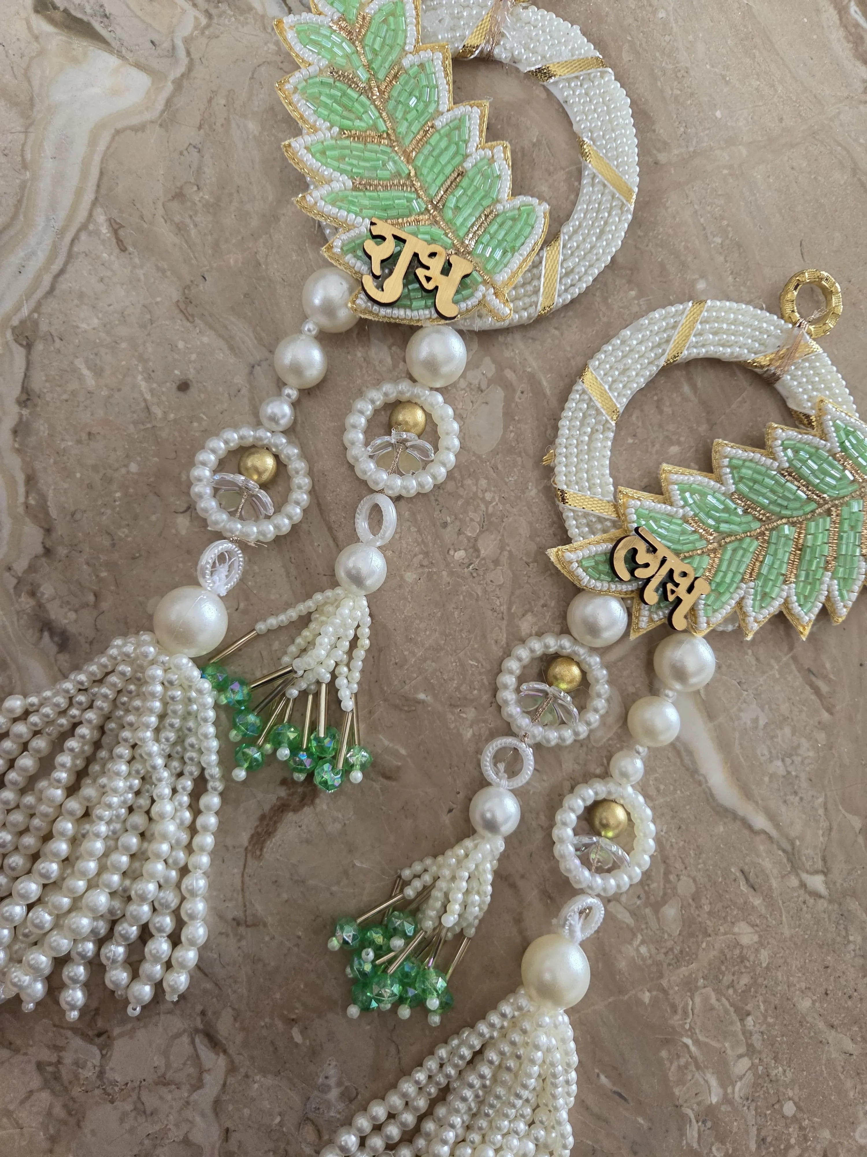 Elegant Beaded Leaf Shubh-Labh Hanging Pair