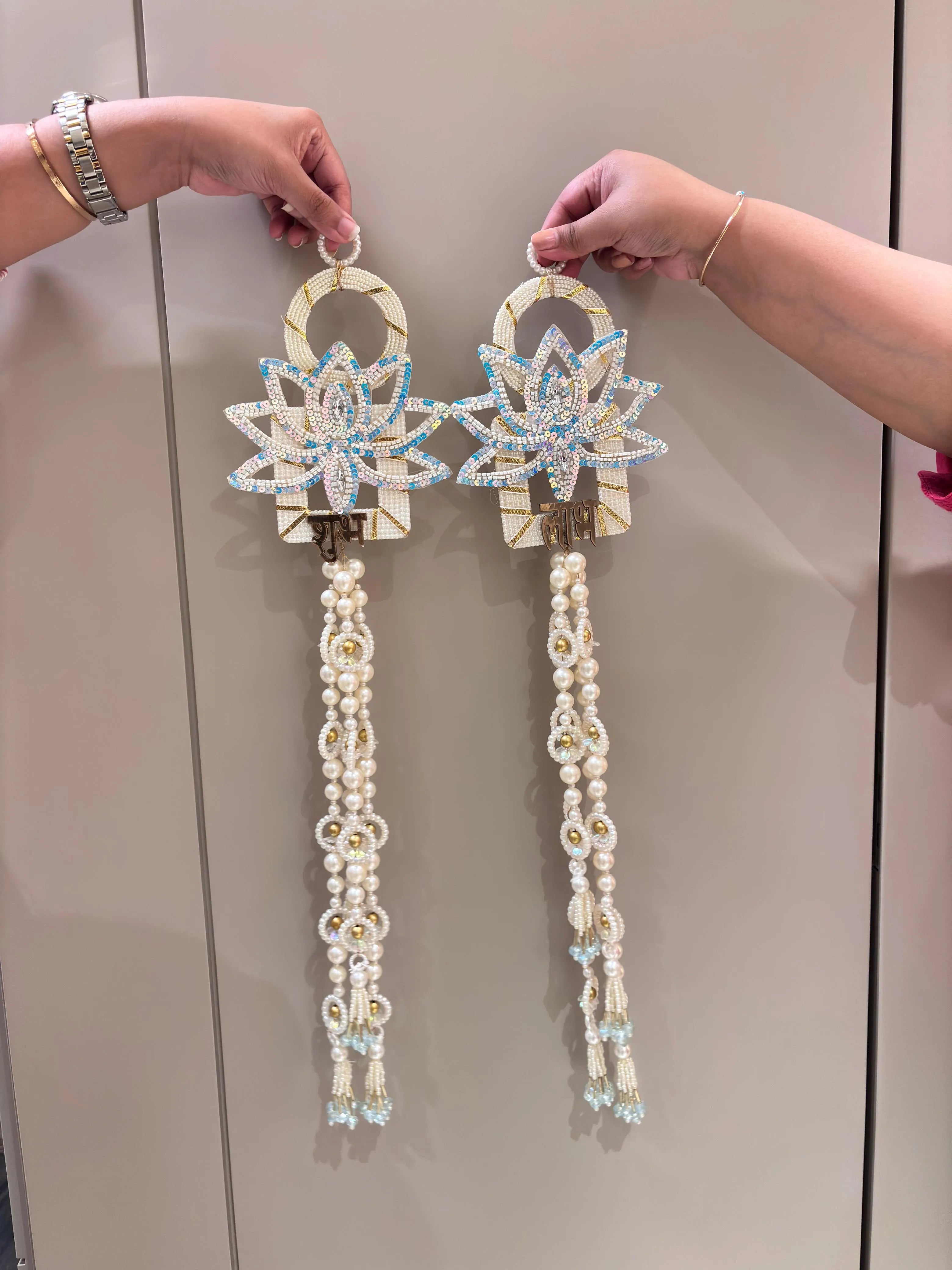 Pretty Lotus Pearl Dangler Shubh-Labh Hanging Pair