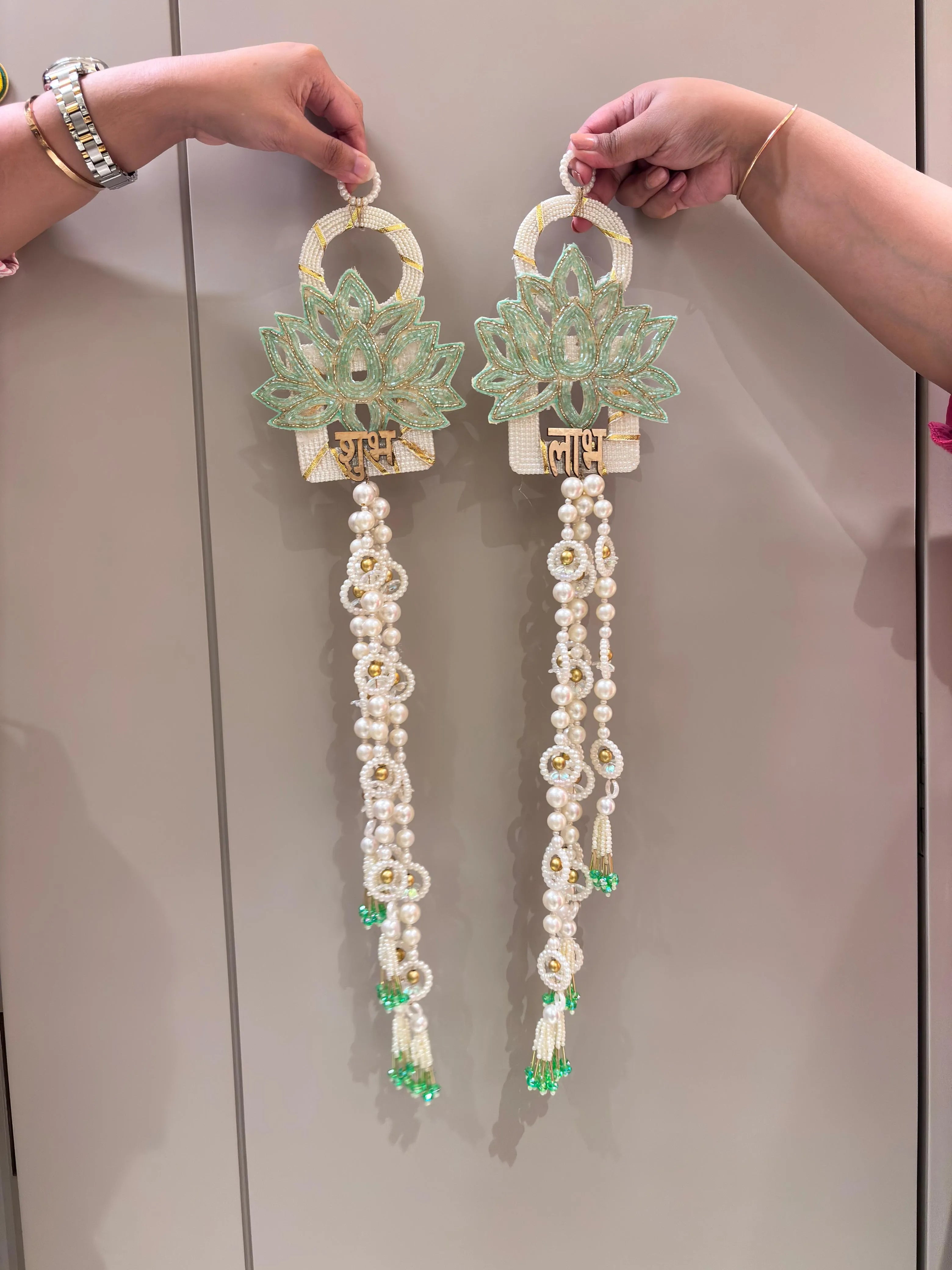Pretty Lotus Pearl Dangler Shubh-Labh Hanging Pair