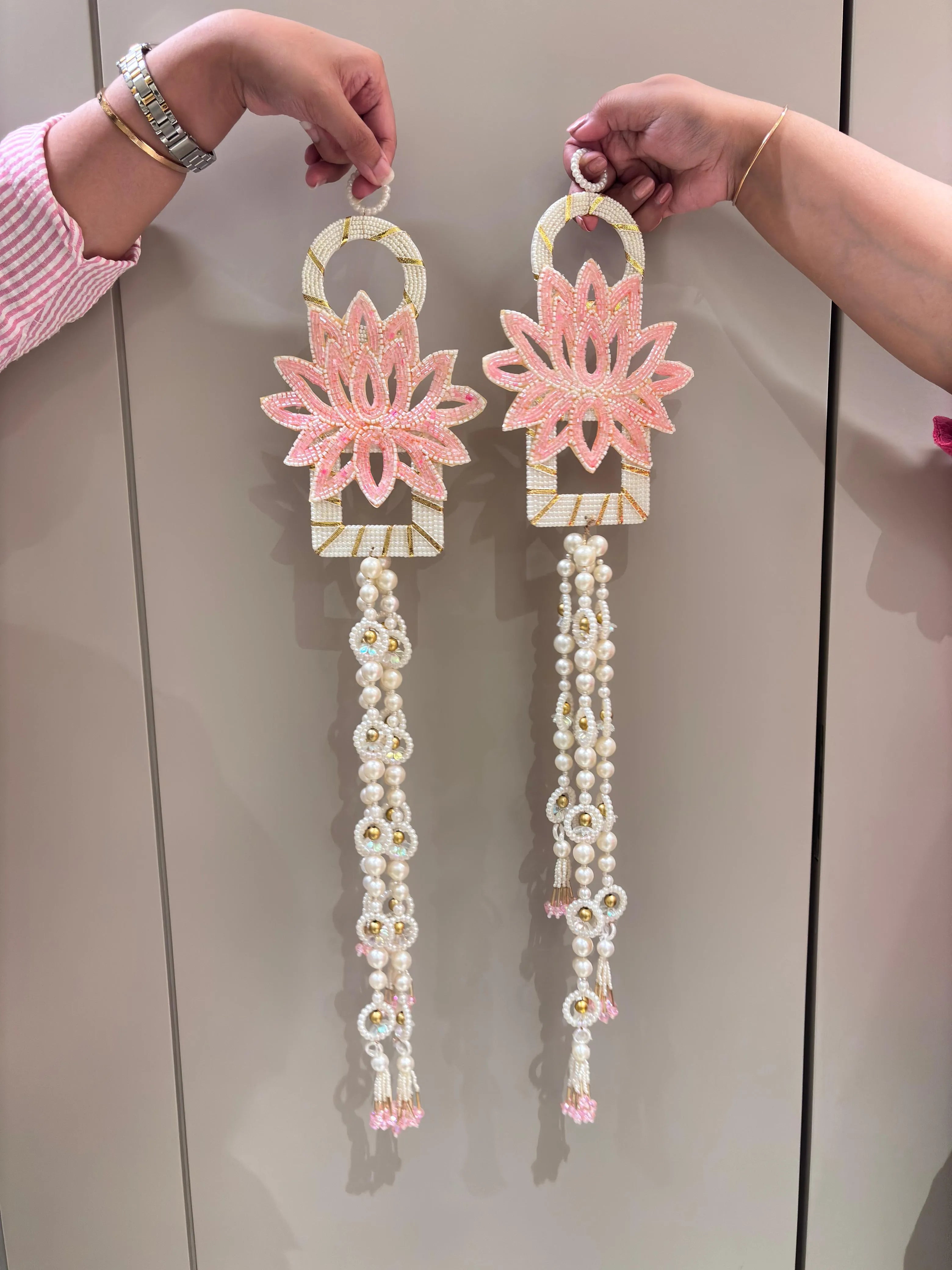 Pretty Lotus Pearl Dangler Shubh-Labh Hanging Pair