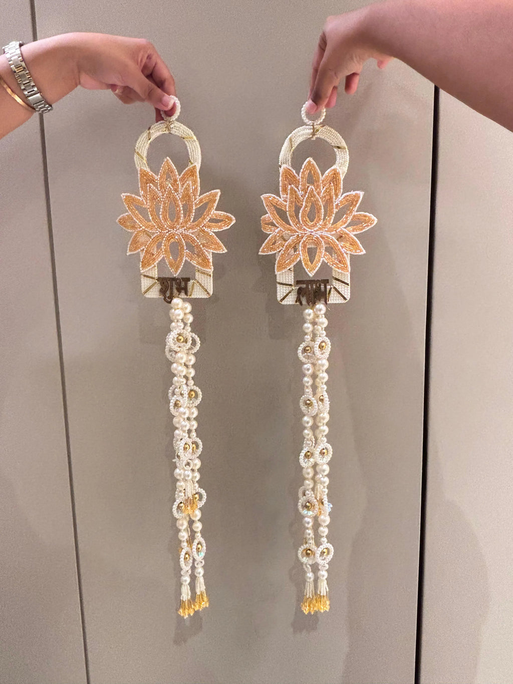 Pretty Lotus Pearl Dangler Shubh-Labh Hanging Pair