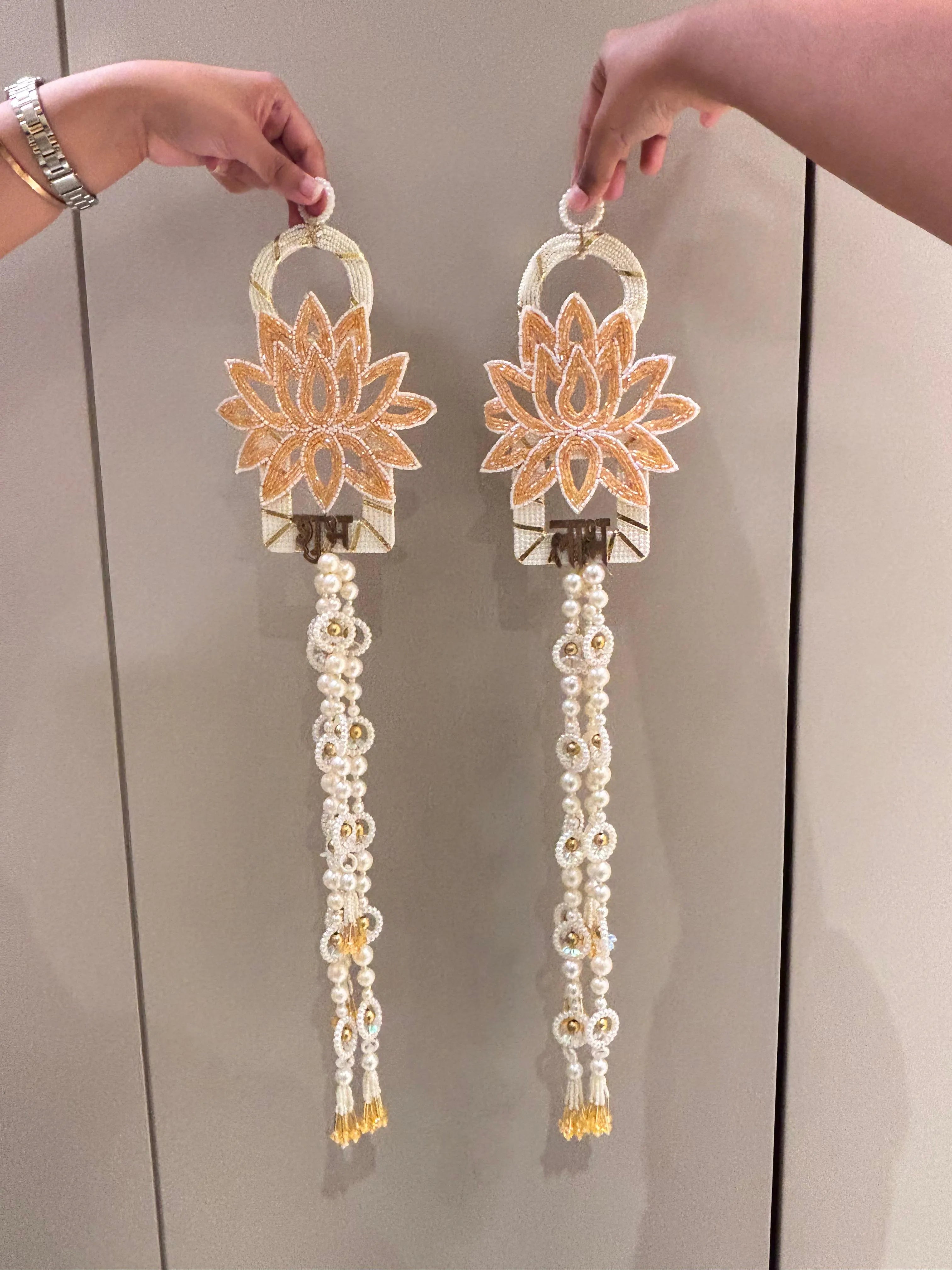 Pretty Lotus Pearl Dangler Shubh-Labh Hanging Pair