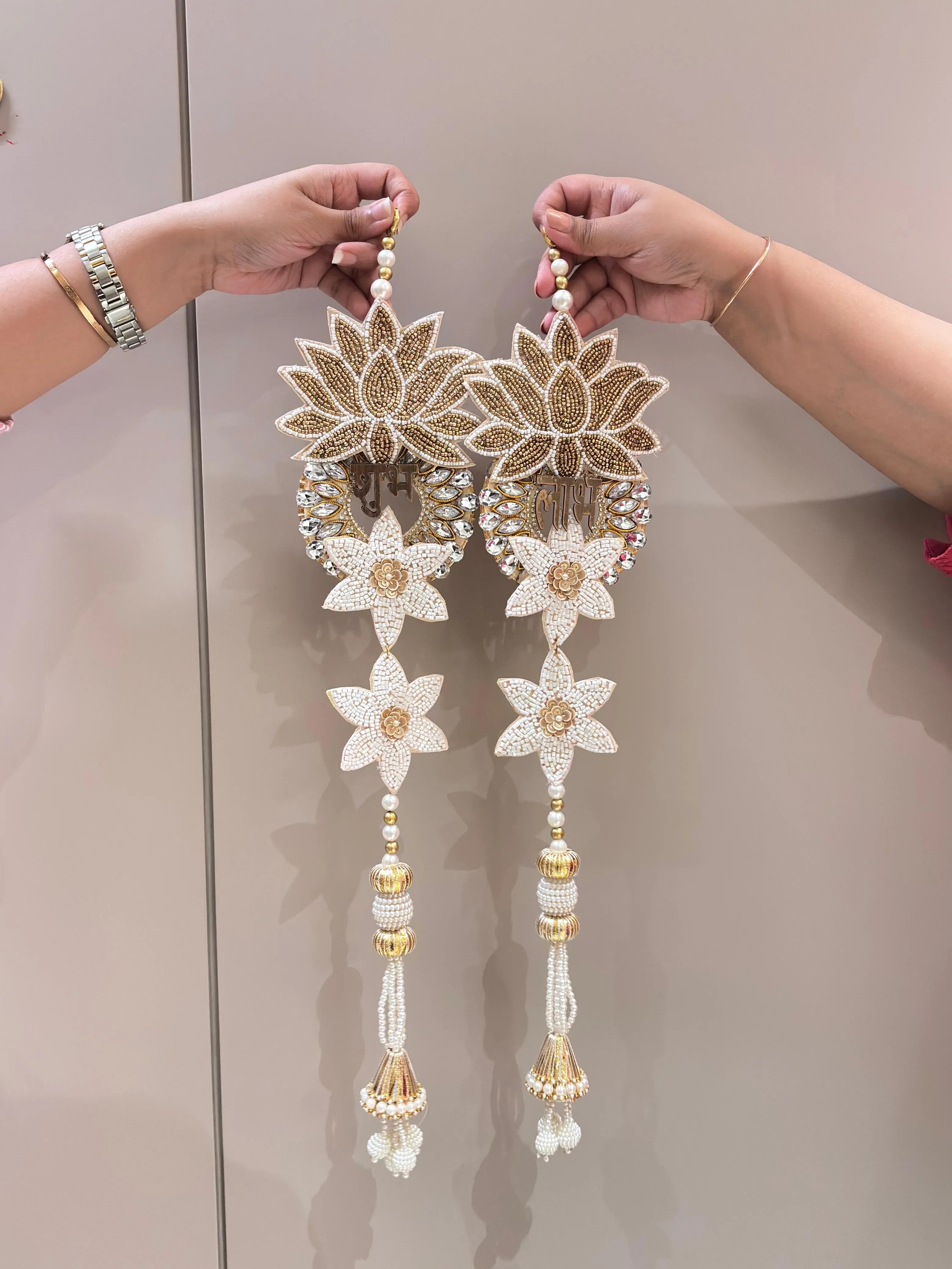 Festive-Ready Lotus Stone Work Shubh-Labh Hanging Pair