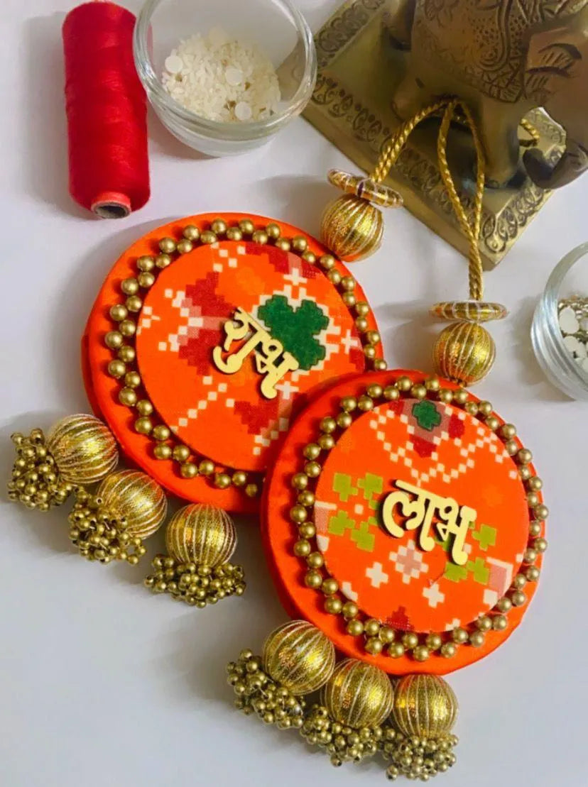 Handcrafted Patola & Pichwai Gota Shubh-labh Hanging Pair