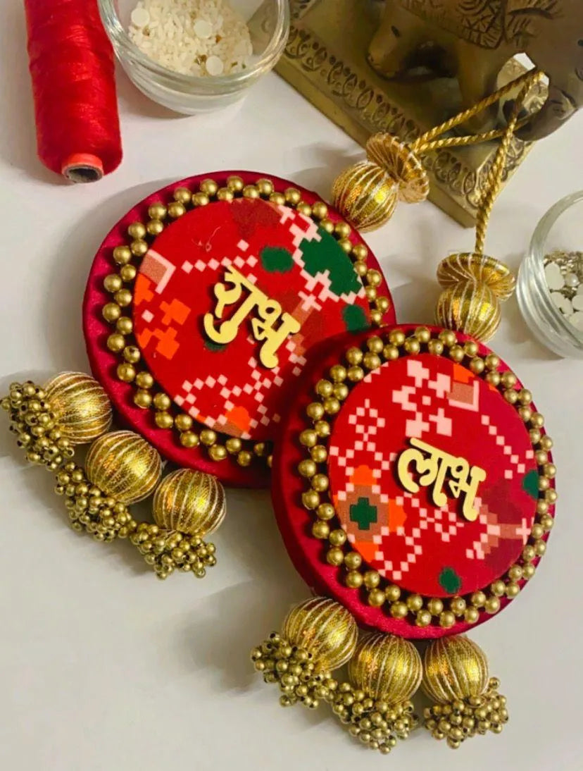 Handcrafted Patola & Pichwai Gota Shubh-labh Hanging Pair
