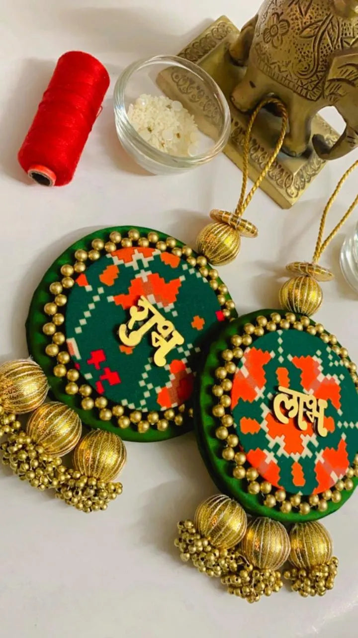 Handcrafted Patola & Pichwai Gota Shubh-labh Hanging Pair