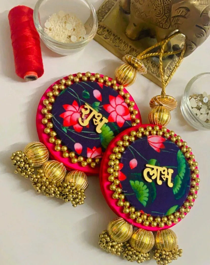 Handcrafted Patola & Pichwai Gota Shubh-labh Hanging Pair