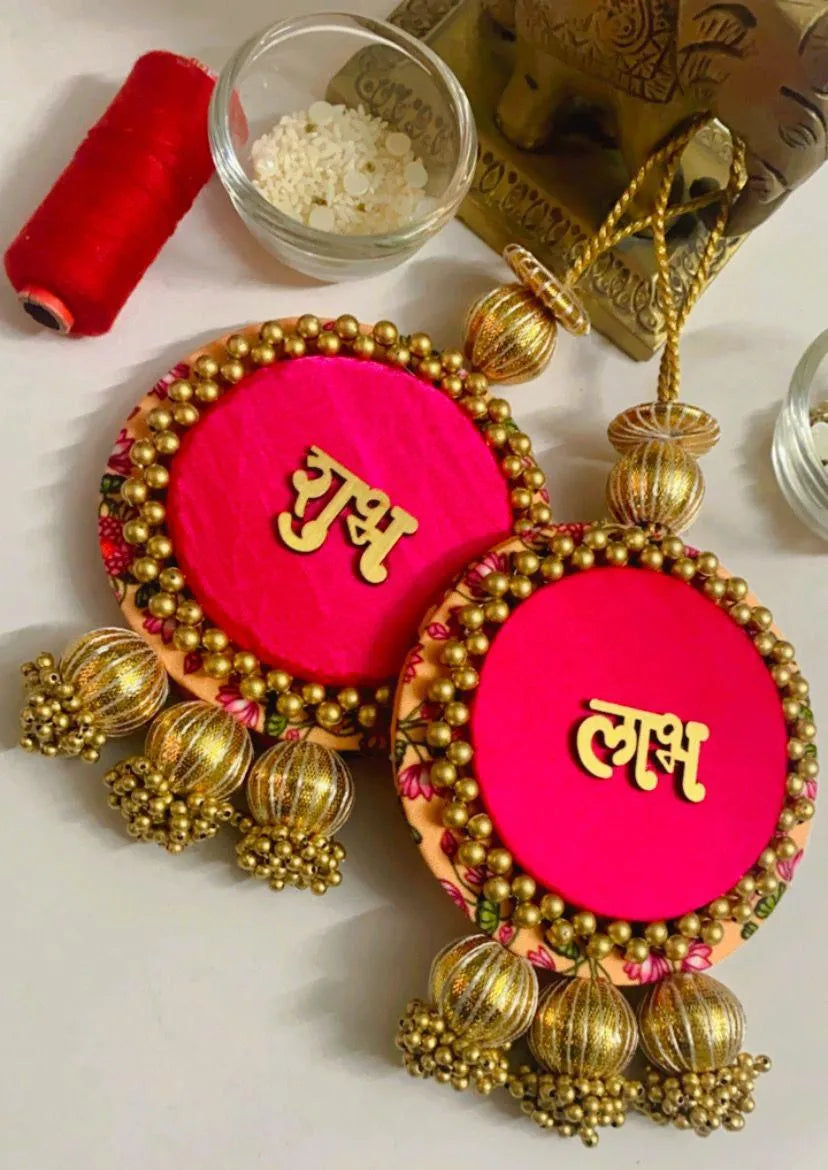 Handcrafted Patola & Pichwai Gota Shubh-labh Hanging Pair