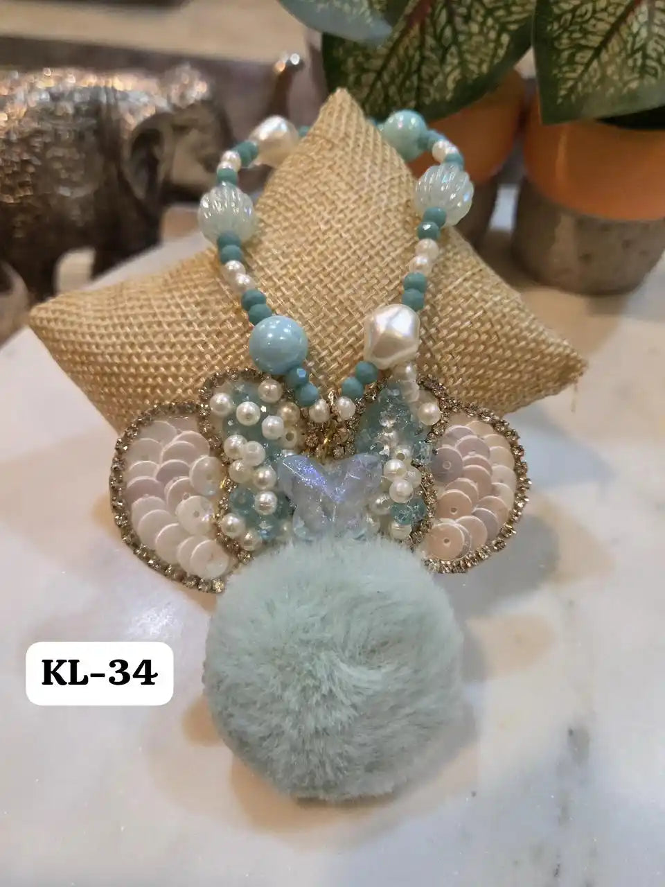 Elegant Beaded Minnie Mouse Fur Bracelet in powder blue