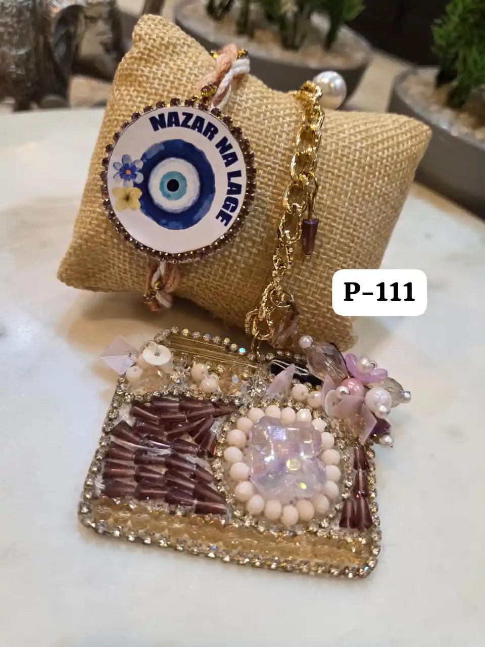 Elegant Beaded Camera Bracelet with Nazar Na Lage Rakhi