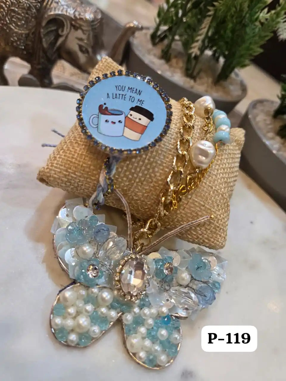 Elegant Beaded Butterfly Bracelet with Coffee Lover Rakhi