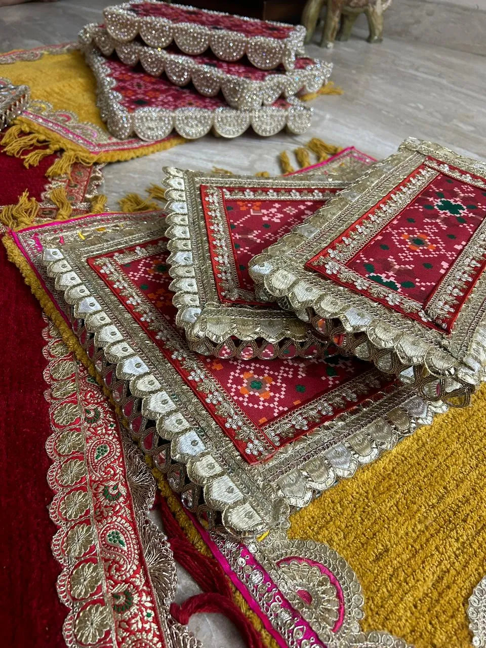 Shubh-Aarambh Patola Chowki set (Set of 3)