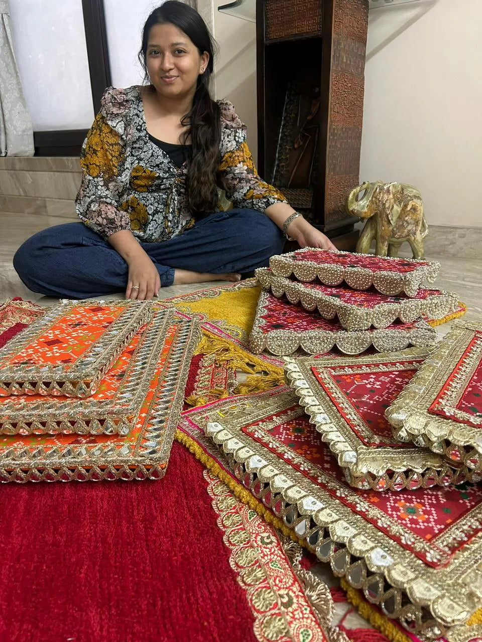 Shubh-Aarambh Patola Chowki set (Set of 3)