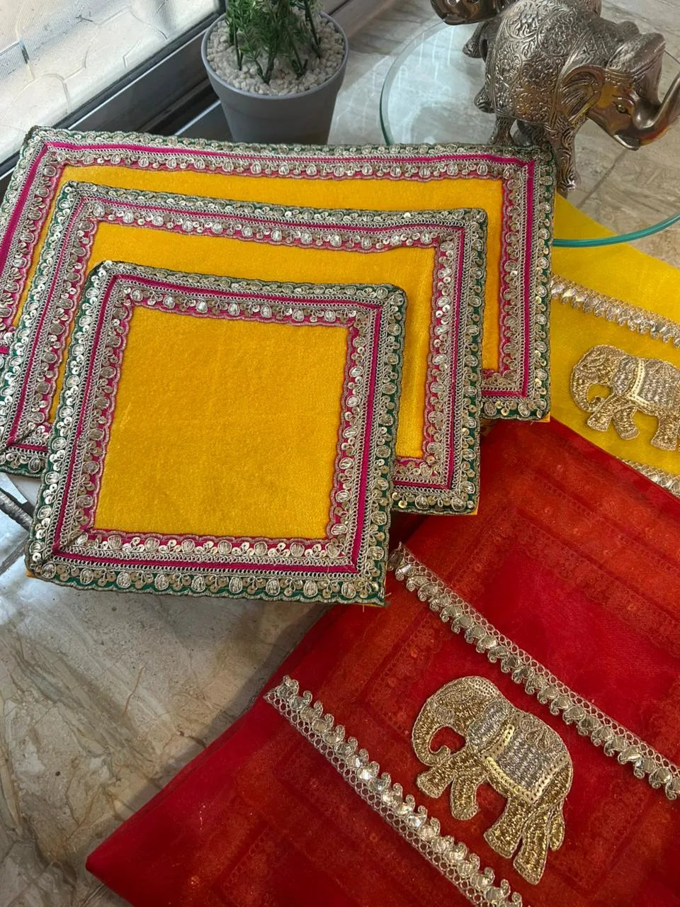 Elegant 3 pc Mandir Aasan + Festive Organza Elephant Bag