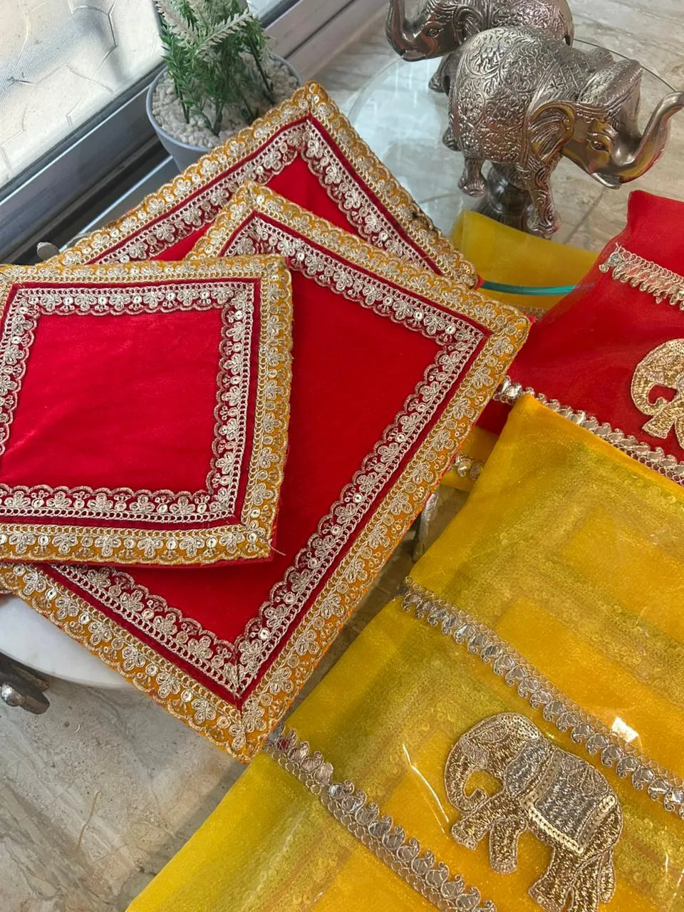 Elegant 3 pc Mandir Aasan + Festive Organza Elephant Bag