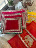 Elegant 3 pc Mandir Aasan + Festive Organza Elephant Bag