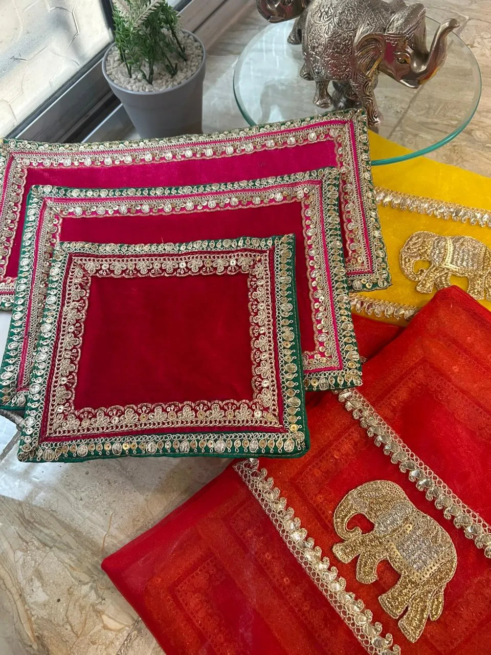 Elegant 3 pc Mandir Aasan + Festive Organza Elephant Bag