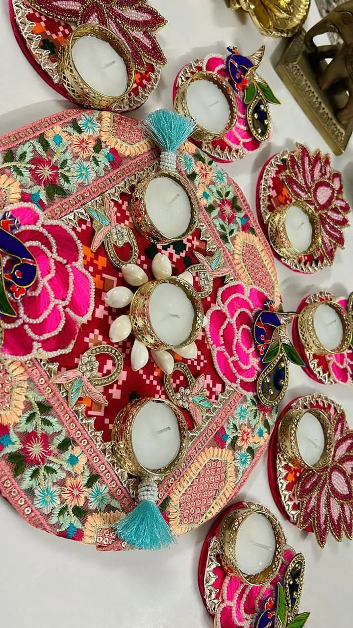 Embroidered Pink Floral Lace Rangoli Set (Set of 7)