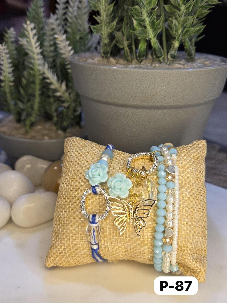 3 Layered Pearl Bracelet + Rakhi Set (Blue) (Pair)