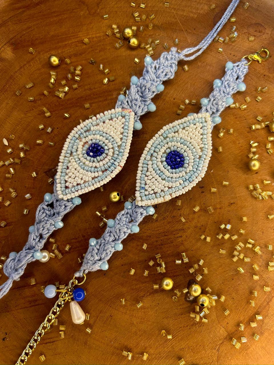 Beaded Evil-Eye Bracelet + Rakhi set (Blue) (Pair)
