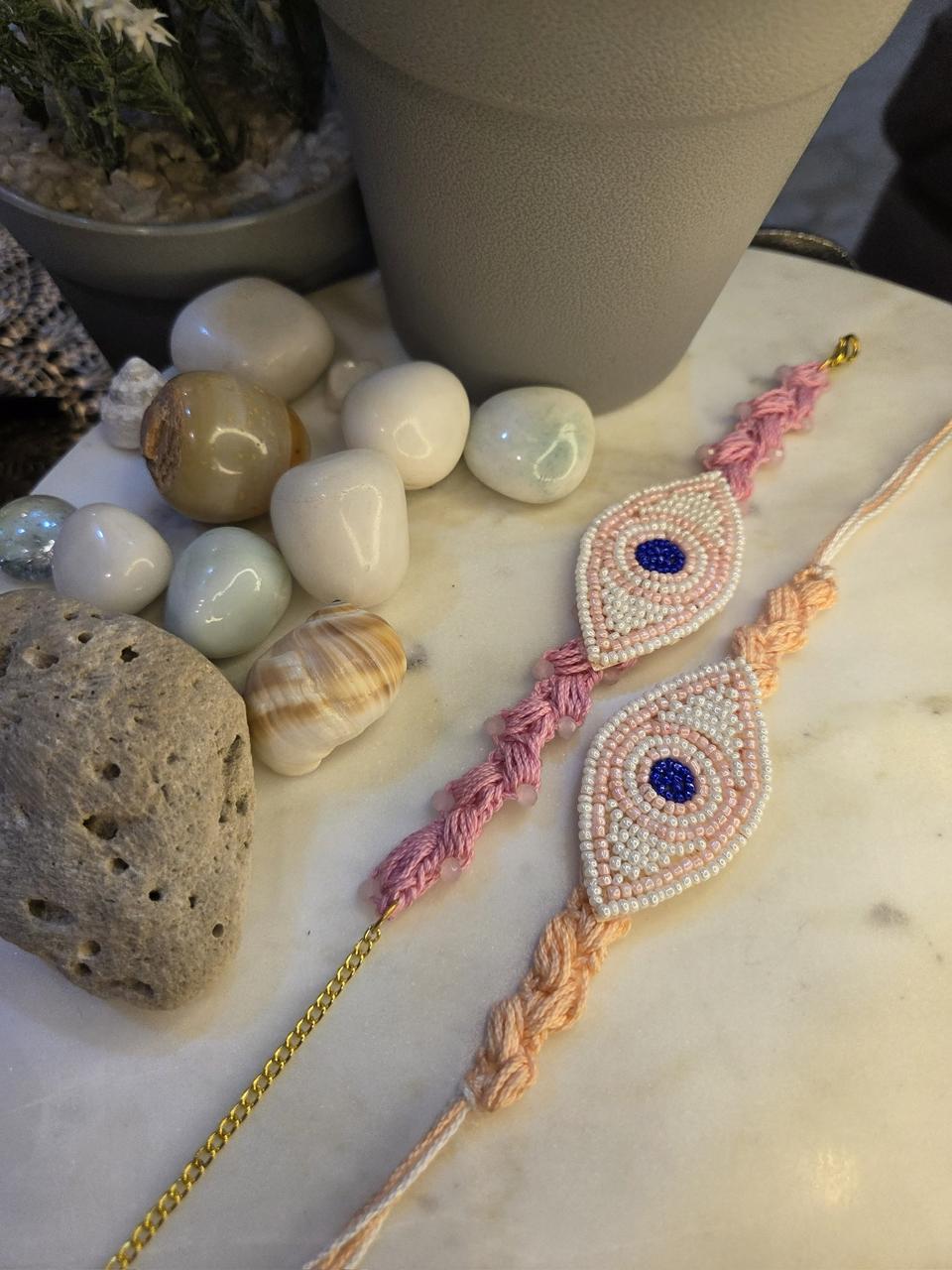 Beaded Evil-Eye Bracelet + Rakhi set (Peach) (Pair)