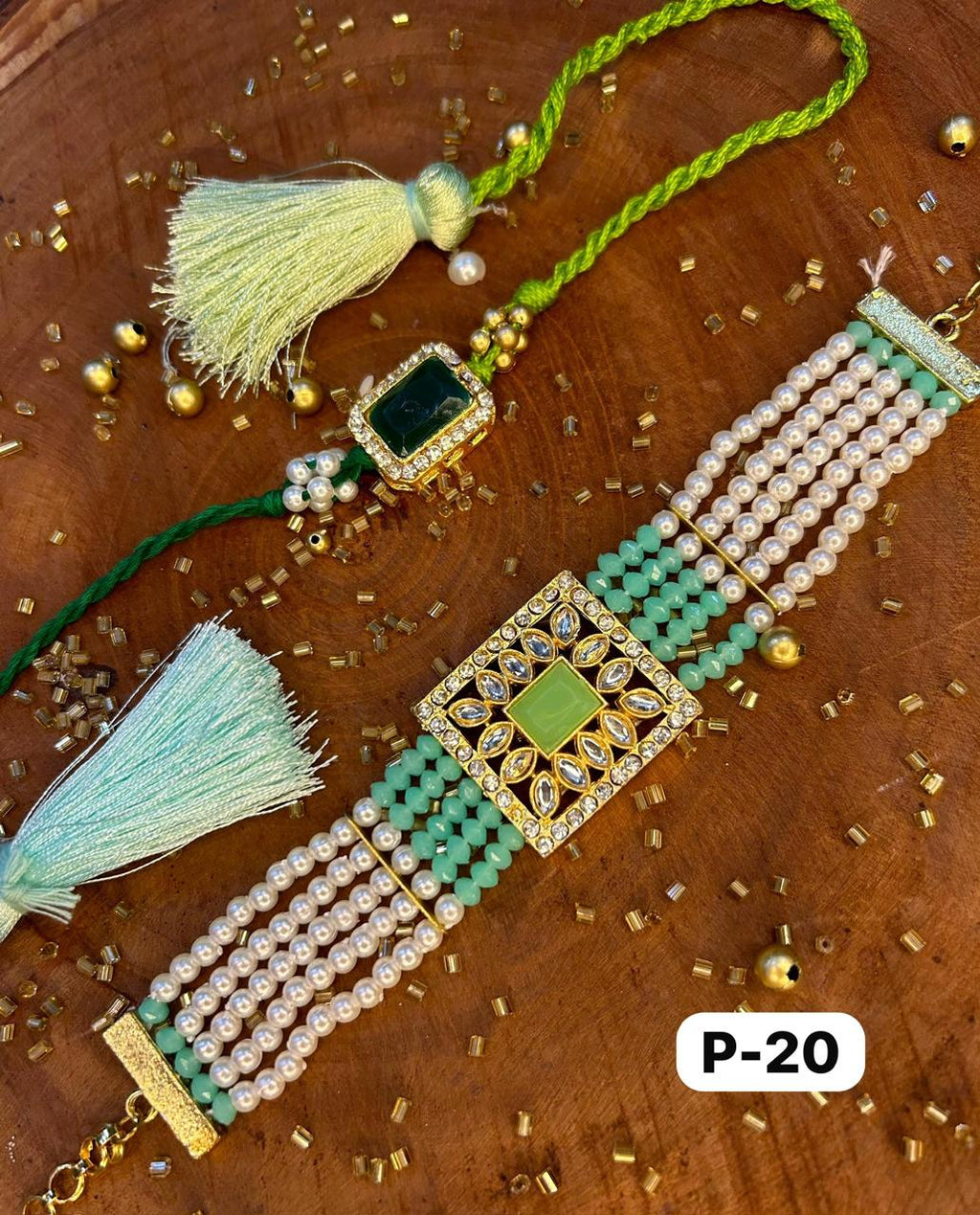 Traditional & Elegant Kundan Bracelet + Rakhi set (Mix colors) (Pair)