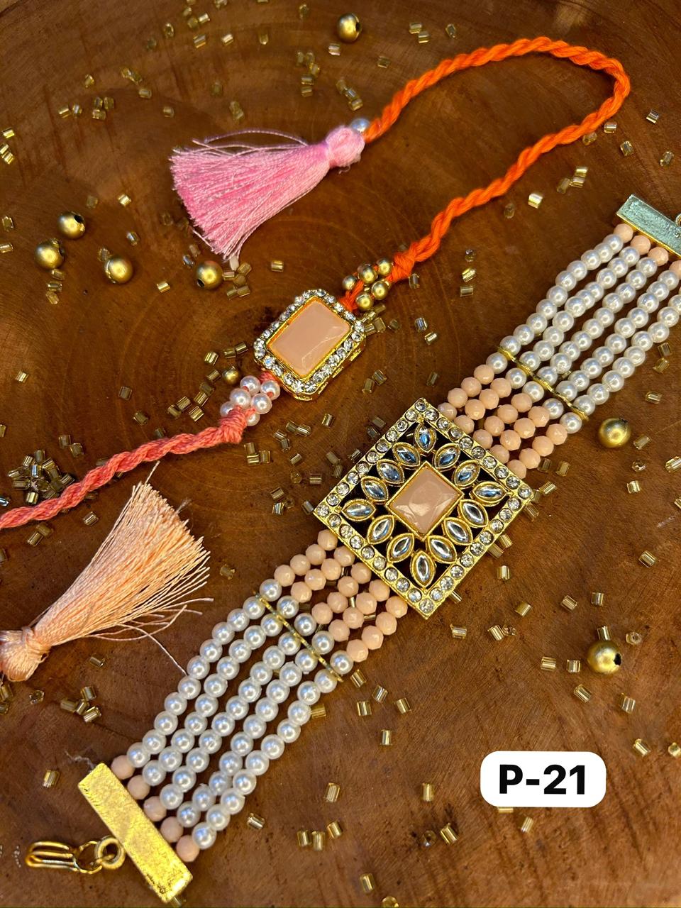 Traditional & Elegant Kundan Bracelet + Rakhi set (Mix colors) (Pair)