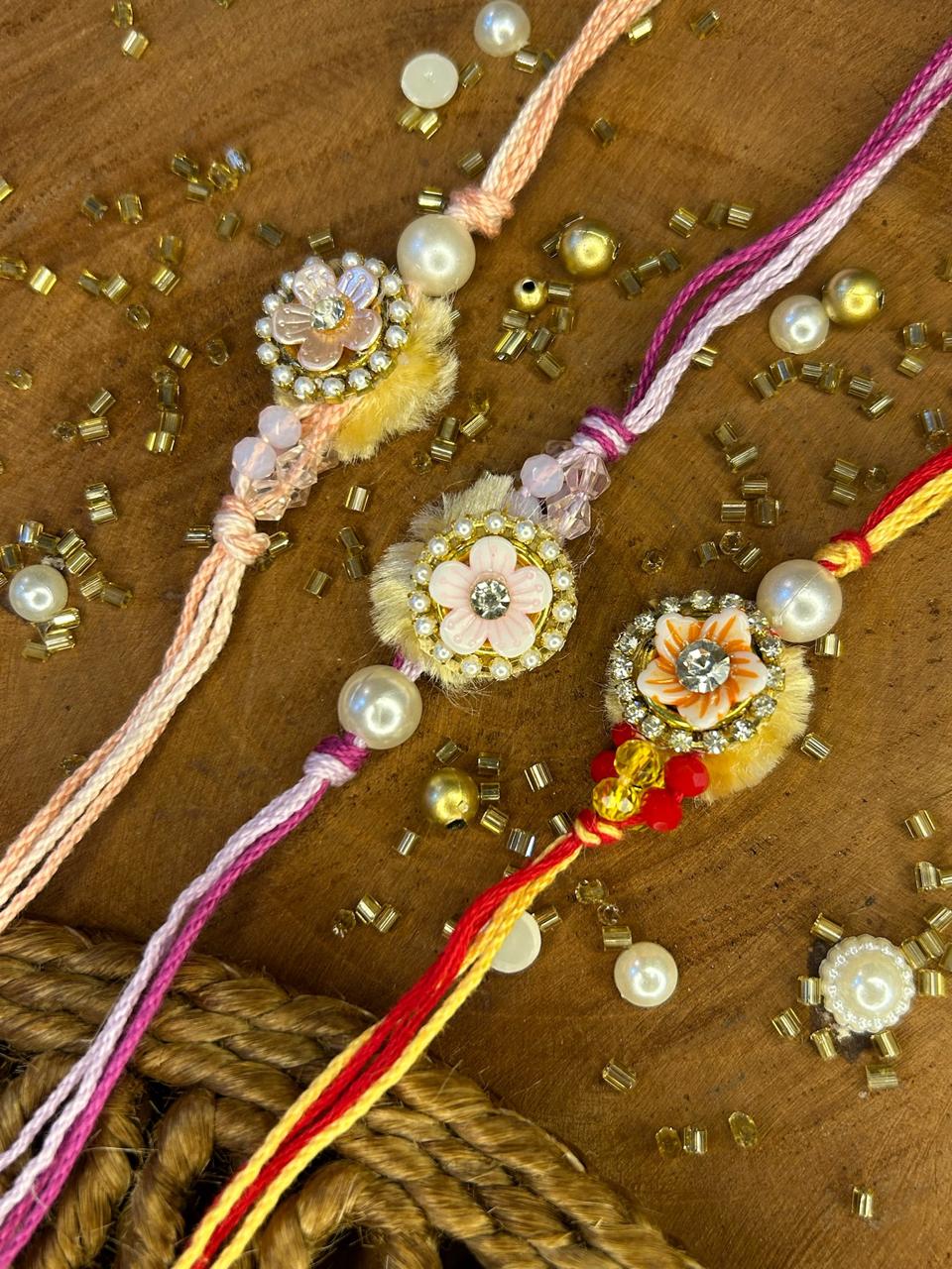 Resham Kundan flower Rakhi (Mix colors)