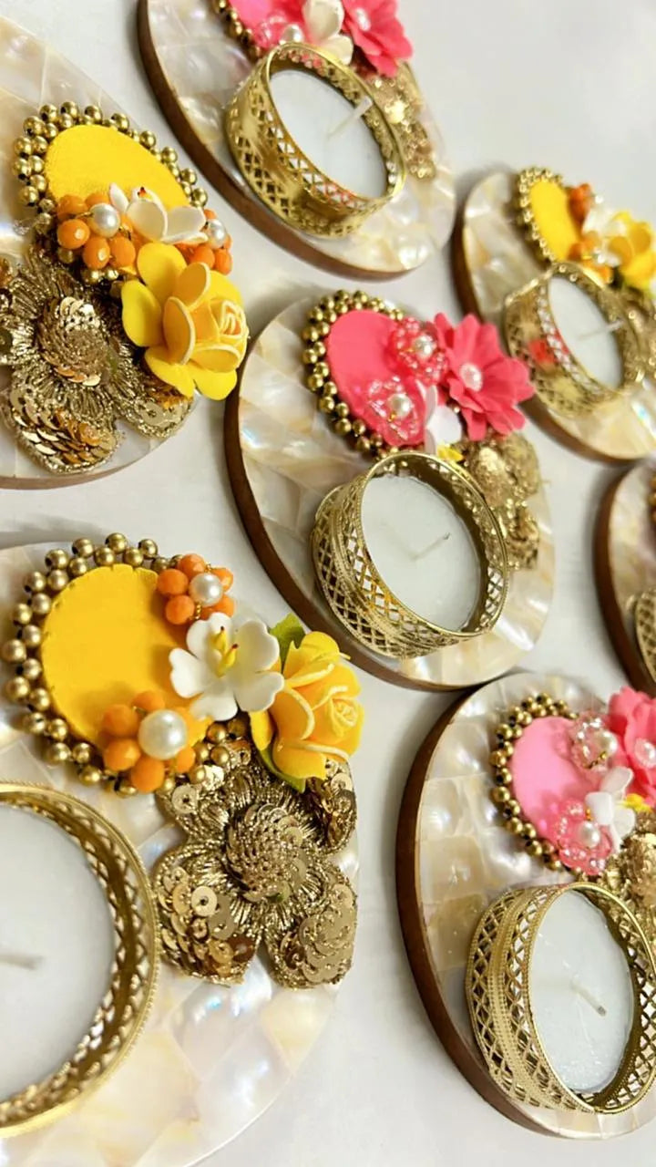 Mother of Pearl Floral Diya (Set of 2)