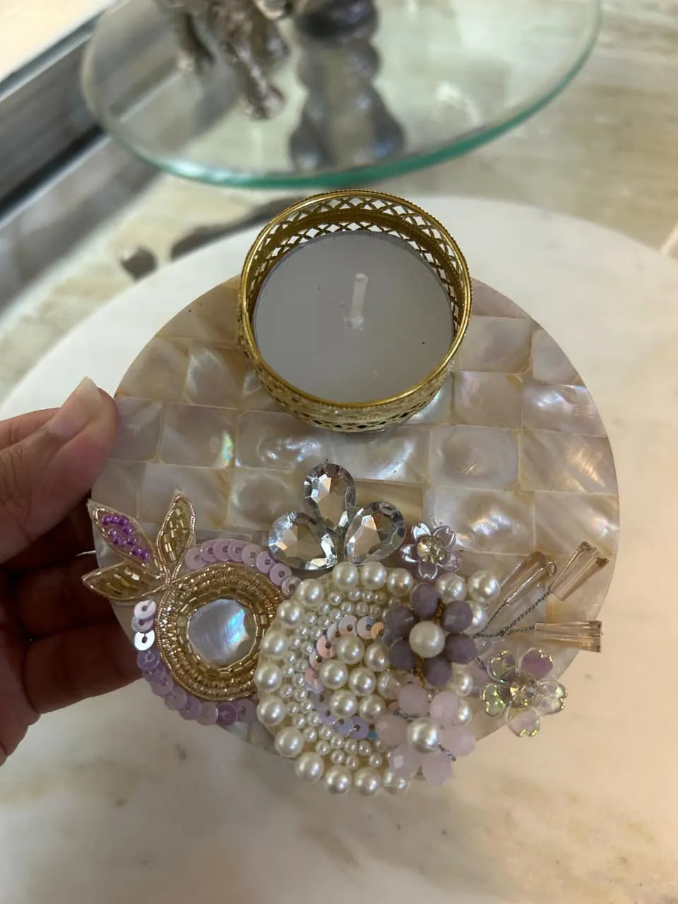 Statement Mother of Pearl Embellished T-light (Set of 2)