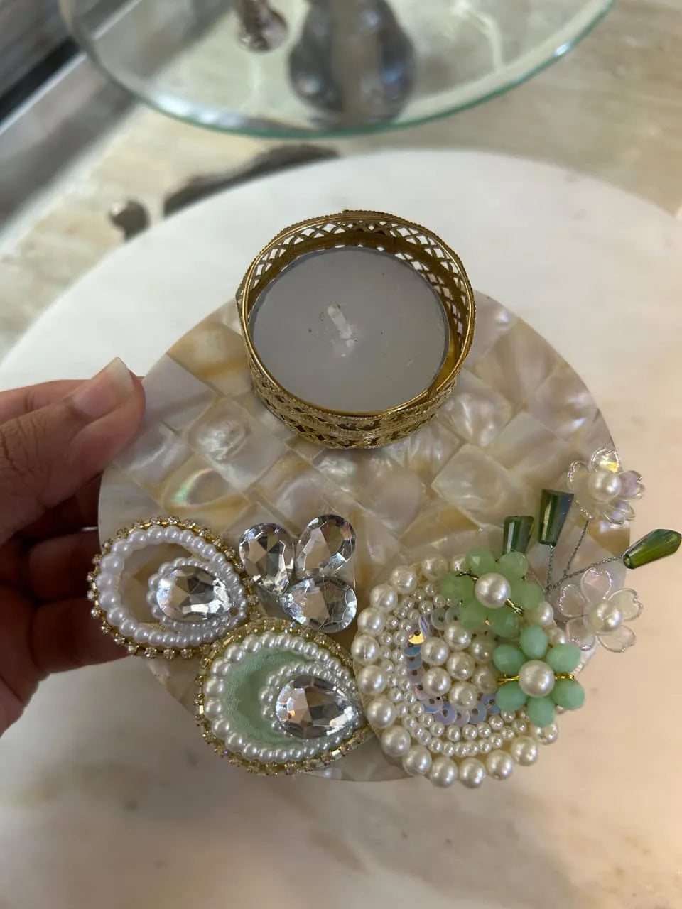 Statement Mother of Pearl Embellished T-light (Set of 2)