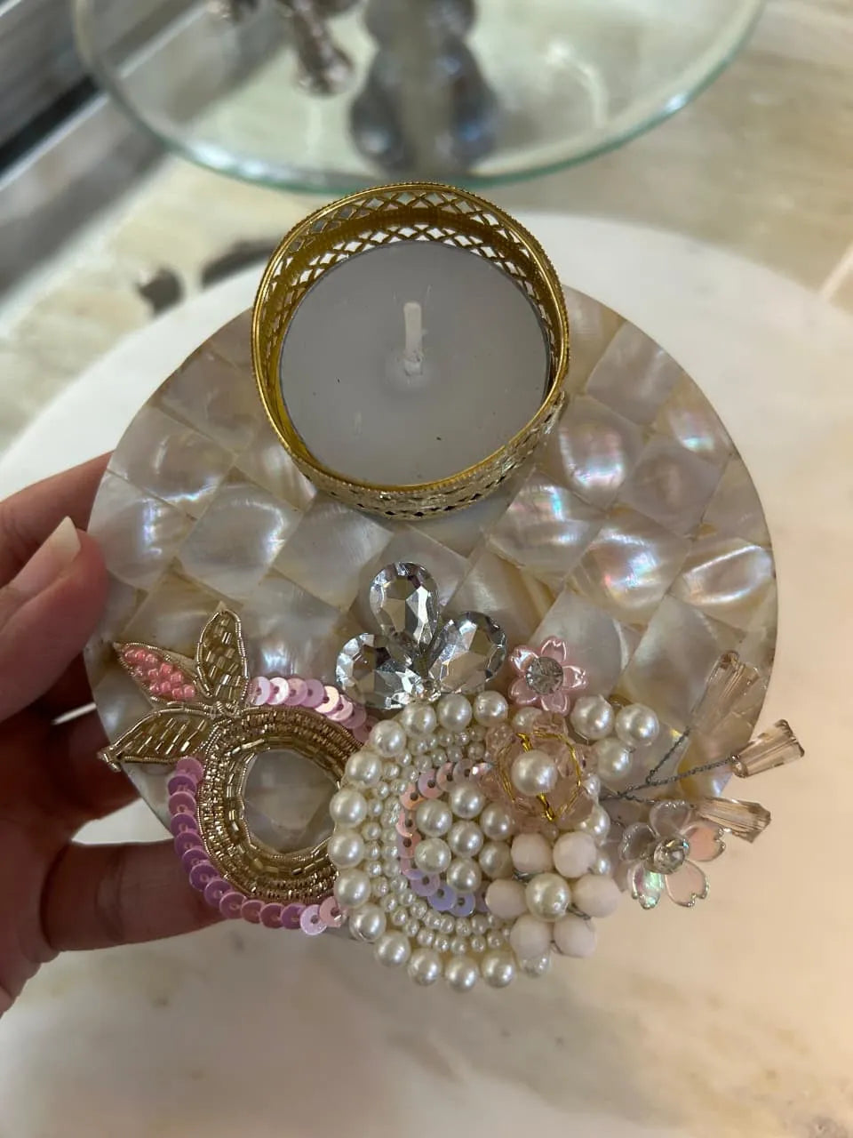Statement Mother of Pearl Embellished T-light (Set of 2)