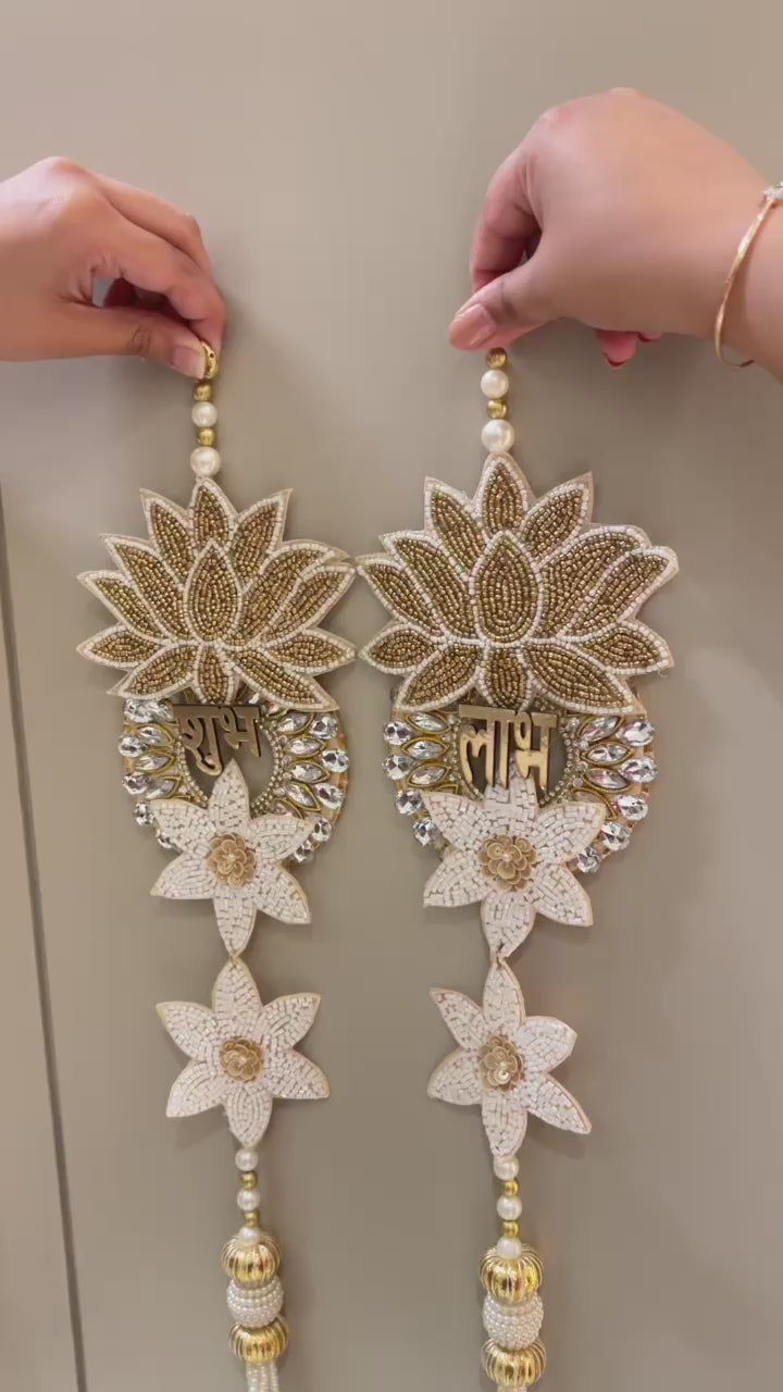 Festive-Ready Lotus Stone Work Shubh-Labh Hanging Pair