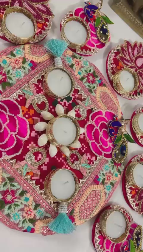 Embroidered Pink Floral Lace Rangoli Set (Set of 7)