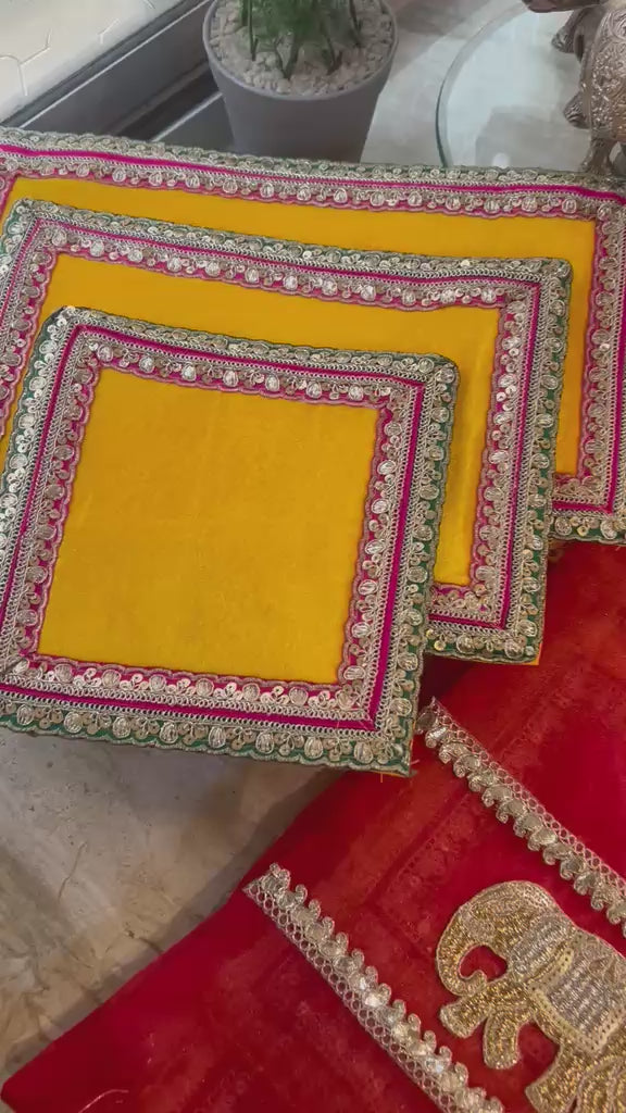 Elegant 3 pc Mandir Aasan + Festive Organza Elephant Bag