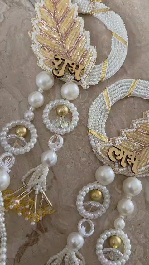 Elegant Beaded Leaf Shubh-Labh Hanging Pair