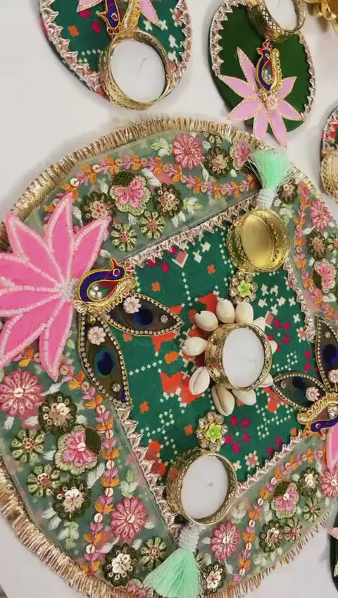 Embroidered Green Floral lace Rangoli Set (Set of 7)