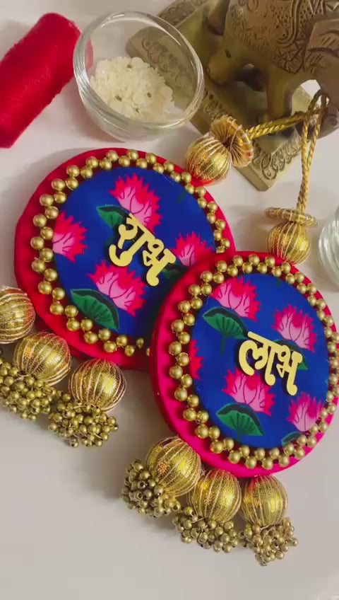 Handcrafted Patola & Pichwai Gota Shubh-labh Hanging Pair